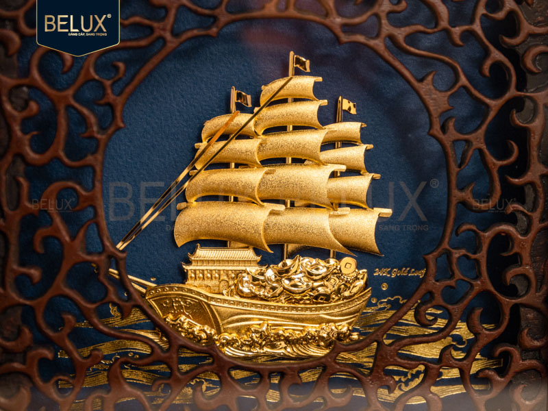 Tranh Thuận Buồm Xuôi Gió Dát Vàng 24k nền xanh 20×20cm